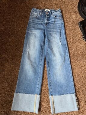 High-Rise Blue Wide-Leg Cuffed Jeans